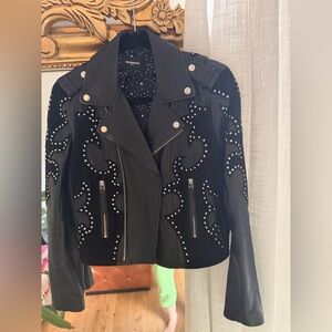 The Kooples Black Studded Leather & Suede Moto Jacket with Silver Accents